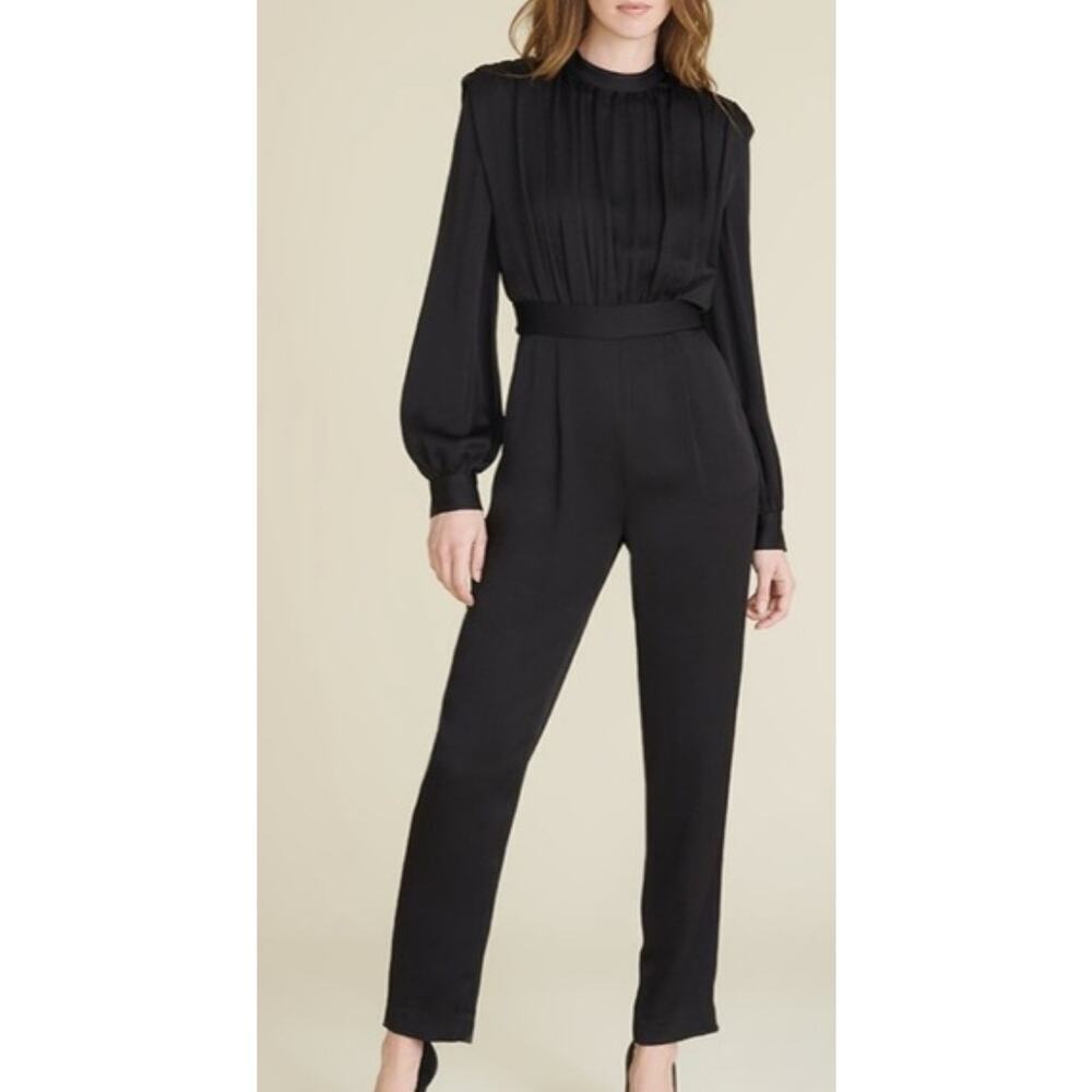 Veronica Beard Kavia Shirred Satin Long Sleeve Jumpsuit Black Size 0